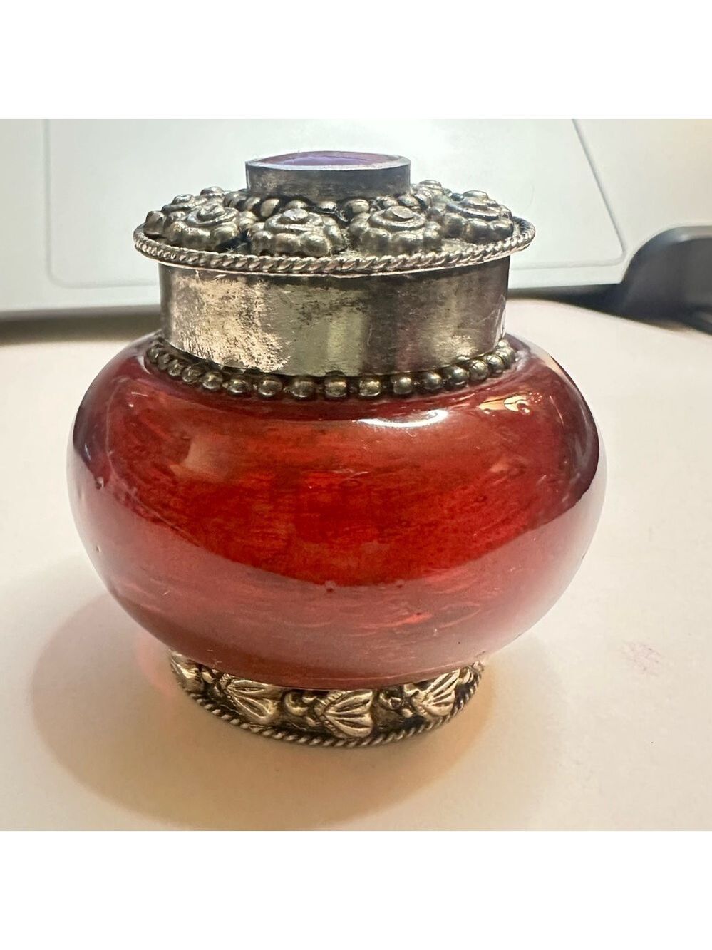 Two's Company Red Glass Jar with Ornate Sterling Silver Lid